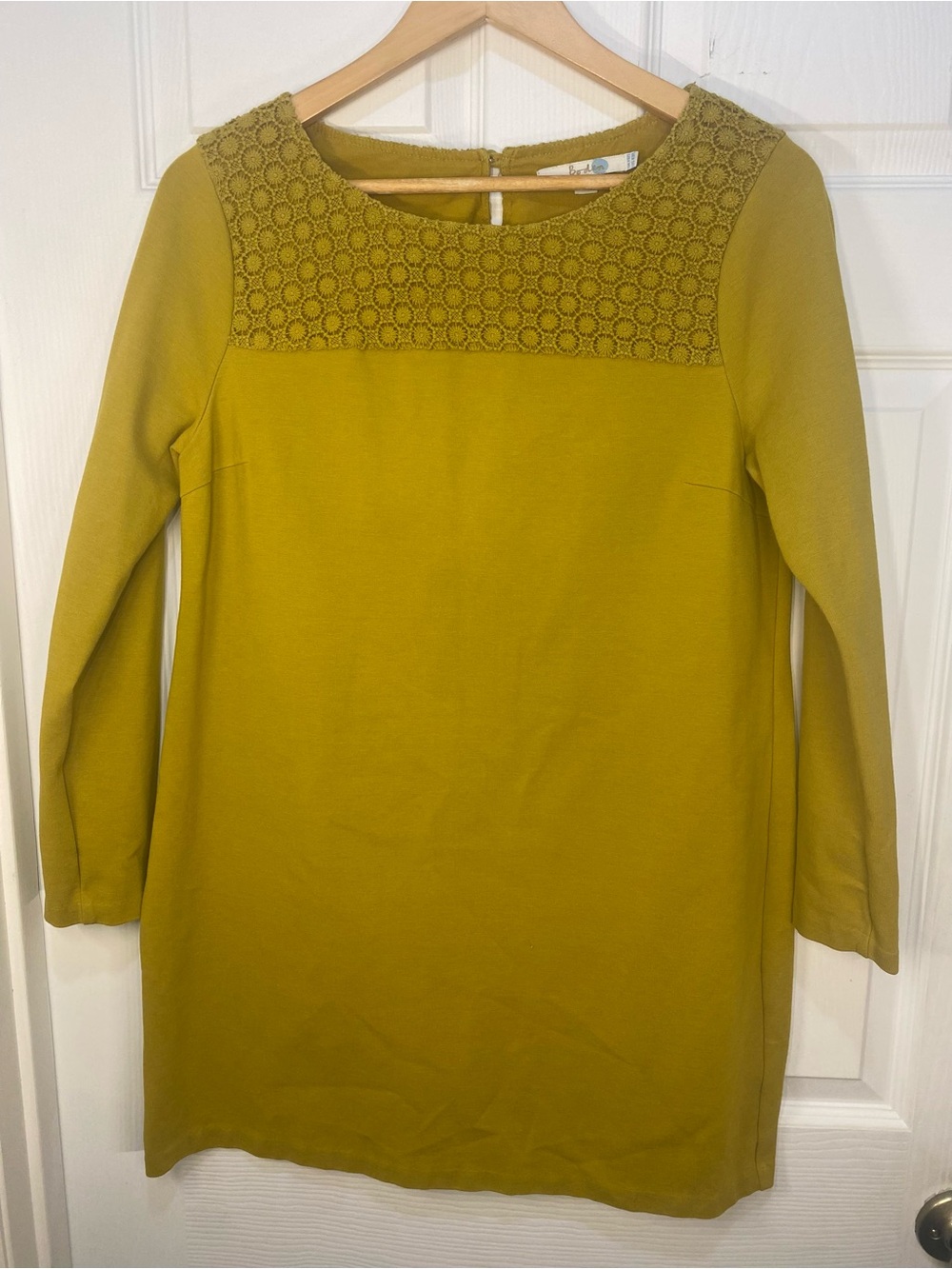 Boden 10 Yellow/ Green Long Sleeve Shift Midi Dress with Textured Yoke